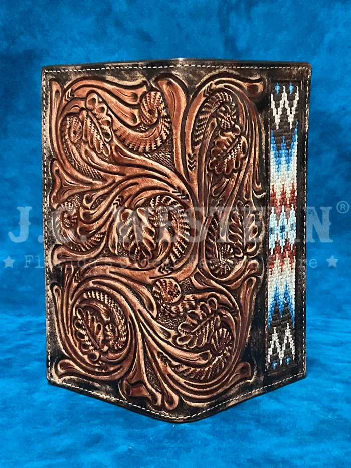 3D D250010002 Mens Hand Tooled Scroll Embroidered Inlay Rodeo Wallet Brown