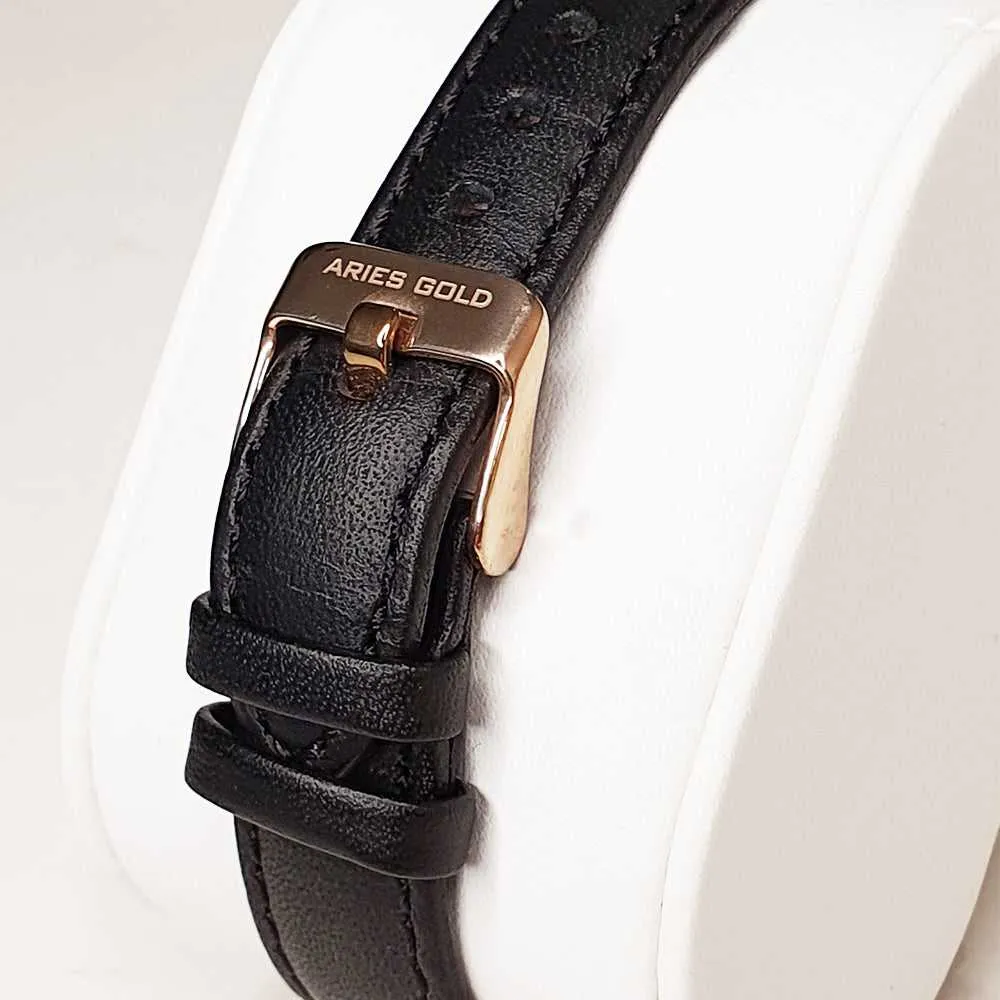 ARIES GOLD URBAN SANTOS ROSE GOLD STAINLESS STEEL L 1023 RG-BK BLACK LEATHER STRAP WOMEN'S WATCH