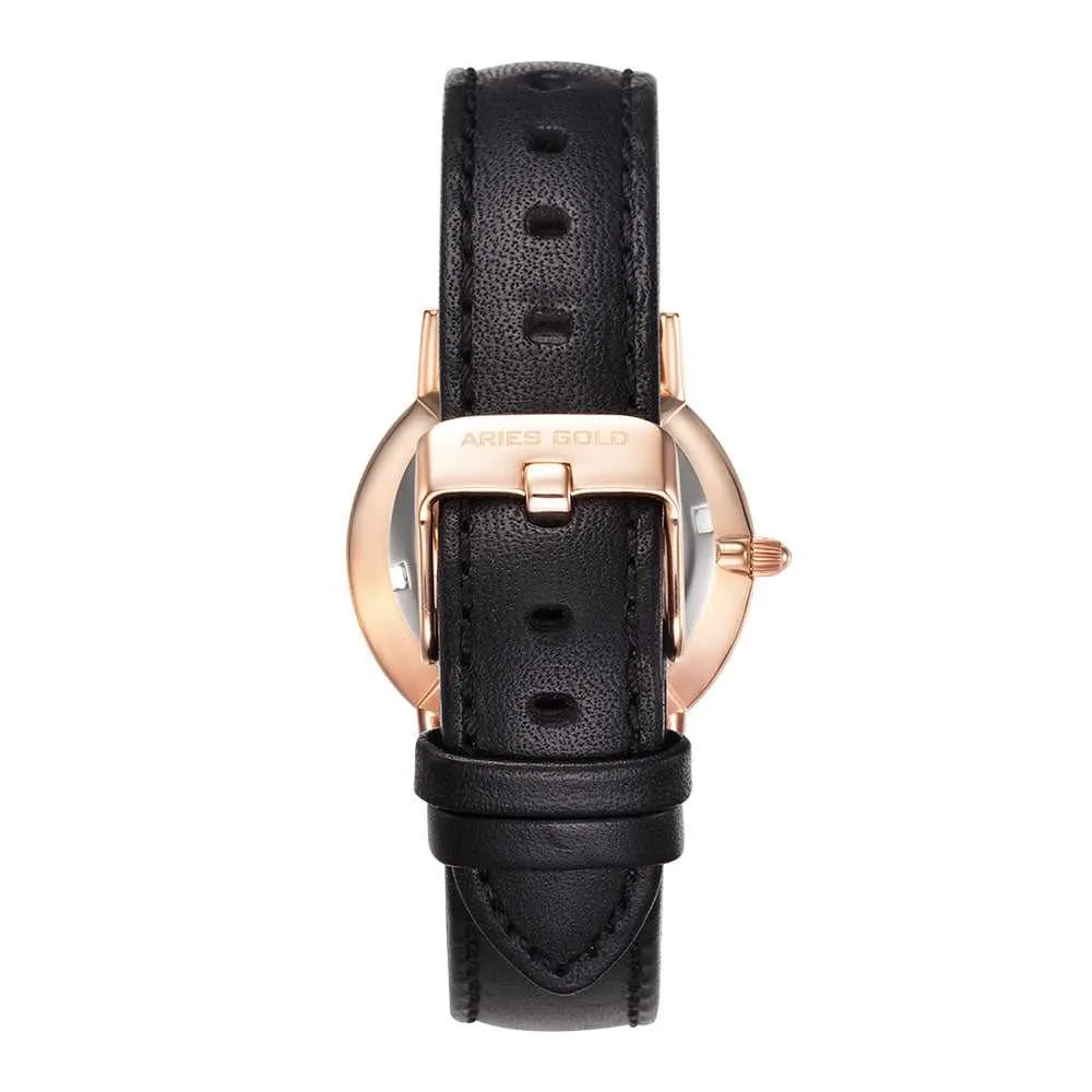 ARIES GOLD URBAN SANTOS ROSE GOLD STAINLESS STEEL L 1023 RG-BK BLACK LEATHER STRAP WOMEN'S WATCH