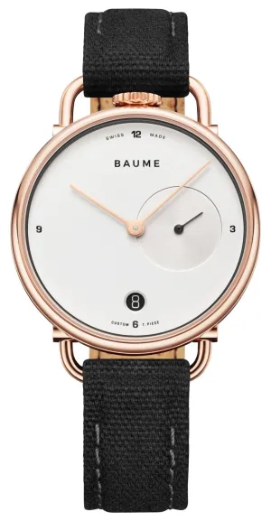 Baume & Mercier Baume Rose Gold PVD Silver Dial Black Cotton Strap Date Quartz Mens Watch M0A10687