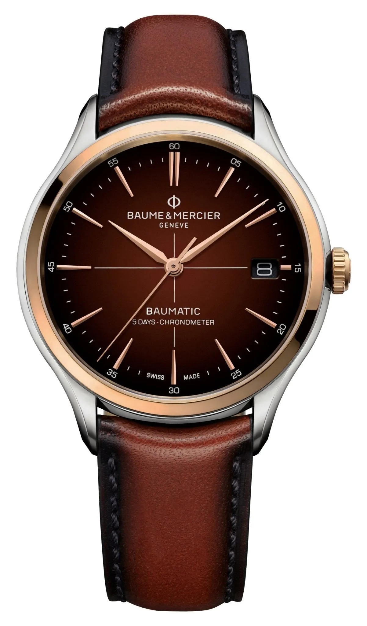 Baume & Mercier Clifton Baumatic COSC Automatic Stainless Steel & Rose Gold Brown Dial Brown Leather Strap Date Mens Watch M0A10713