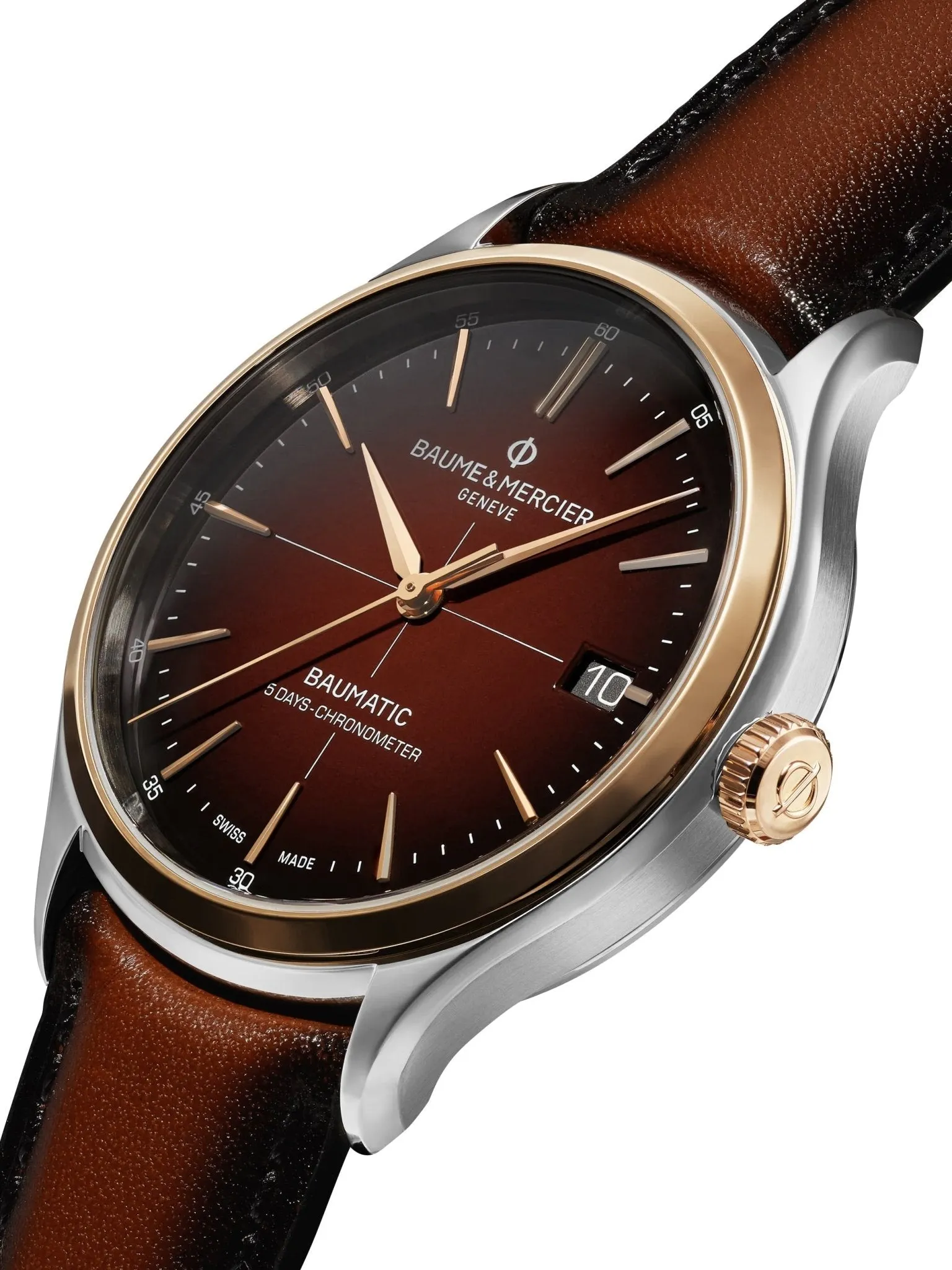 Baume & Mercier Clifton Baumatic COSC Automatic Stainless Steel & Rose Gold Brown Dial Brown Leather Strap Date Mens Watch M0A10713