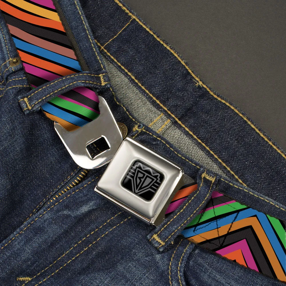 BD Wings Logo CLOSE-UP Black/Silver Seatbelt Belt - Chevron Freehand CLOSE-UP Multi Color Webbing