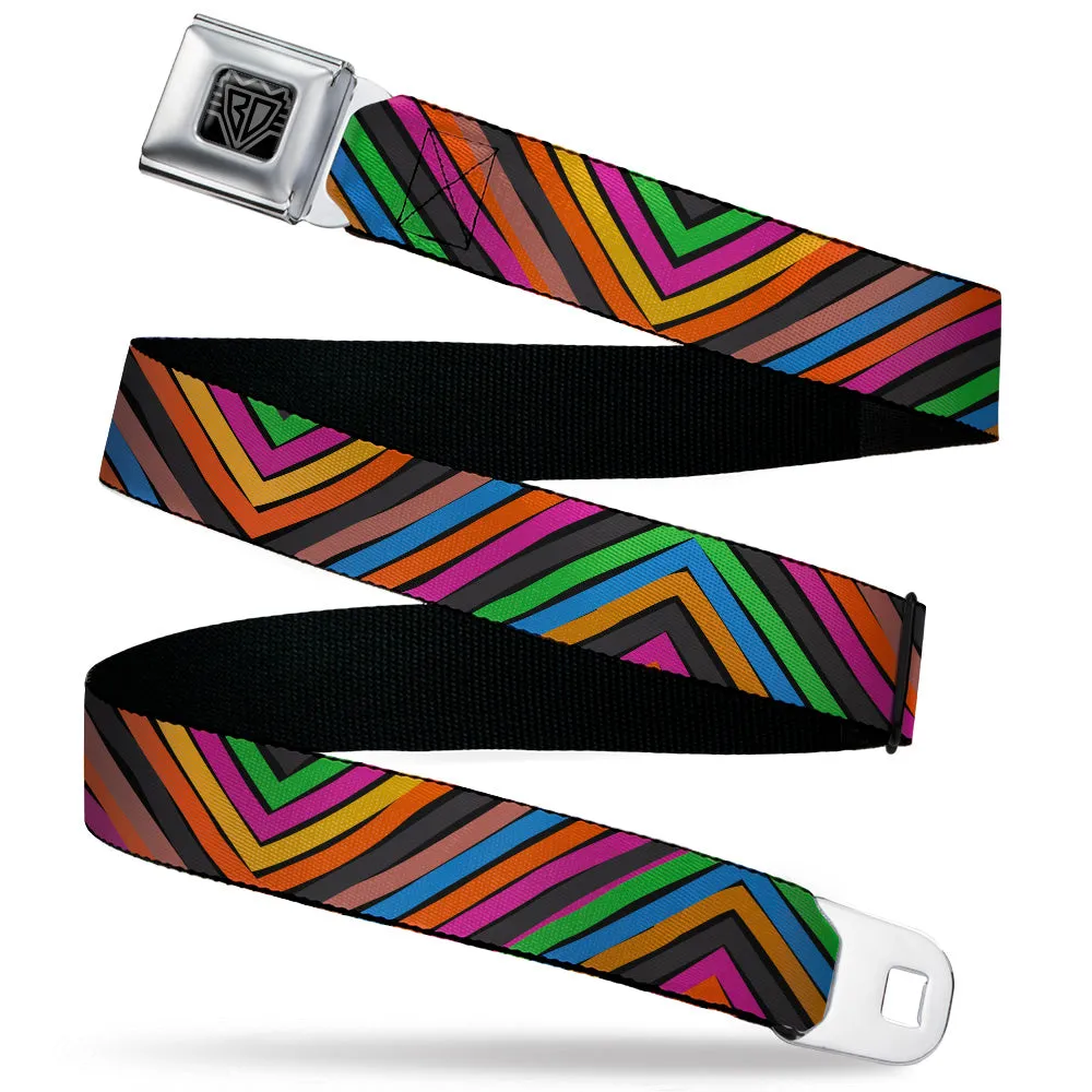 BD Wings Logo CLOSE-UP Black/Silver Seatbelt Belt - Chevron Freehand CLOSE-UP Multi Color Webbing