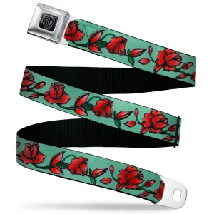 BD Wings Logo CLOSE-UP Black/Silver Seatbelt Belt - Red Rose Chain Green Webbing