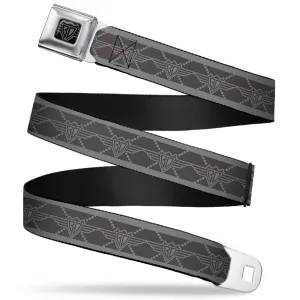 BD Wings Logo CLOSE-UP Full Color Black Silver Seatbelt Belt - BD Monogram2 Grays Webbing