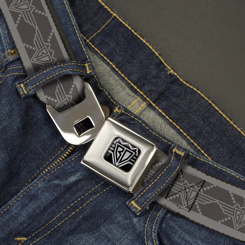 BD Wings Logo CLOSE-UP Full Color Black Silver Seatbelt Belt - BD Monogram2 Grays Webbing