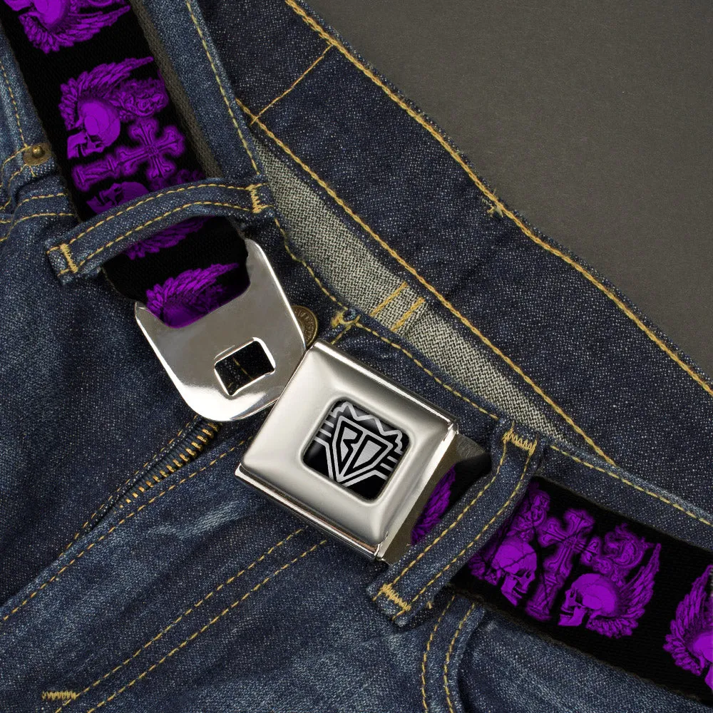 BD Wings Logo CLOSE-UP Full Color Black Silver Seatbelt Belt - BD Skulls w/Wings Black/Purple Webbing