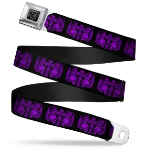 BD Wings Logo CLOSE-UP Full Color Black Silver Seatbelt Belt - BD Skulls w/Wings Black/Purple Webbing