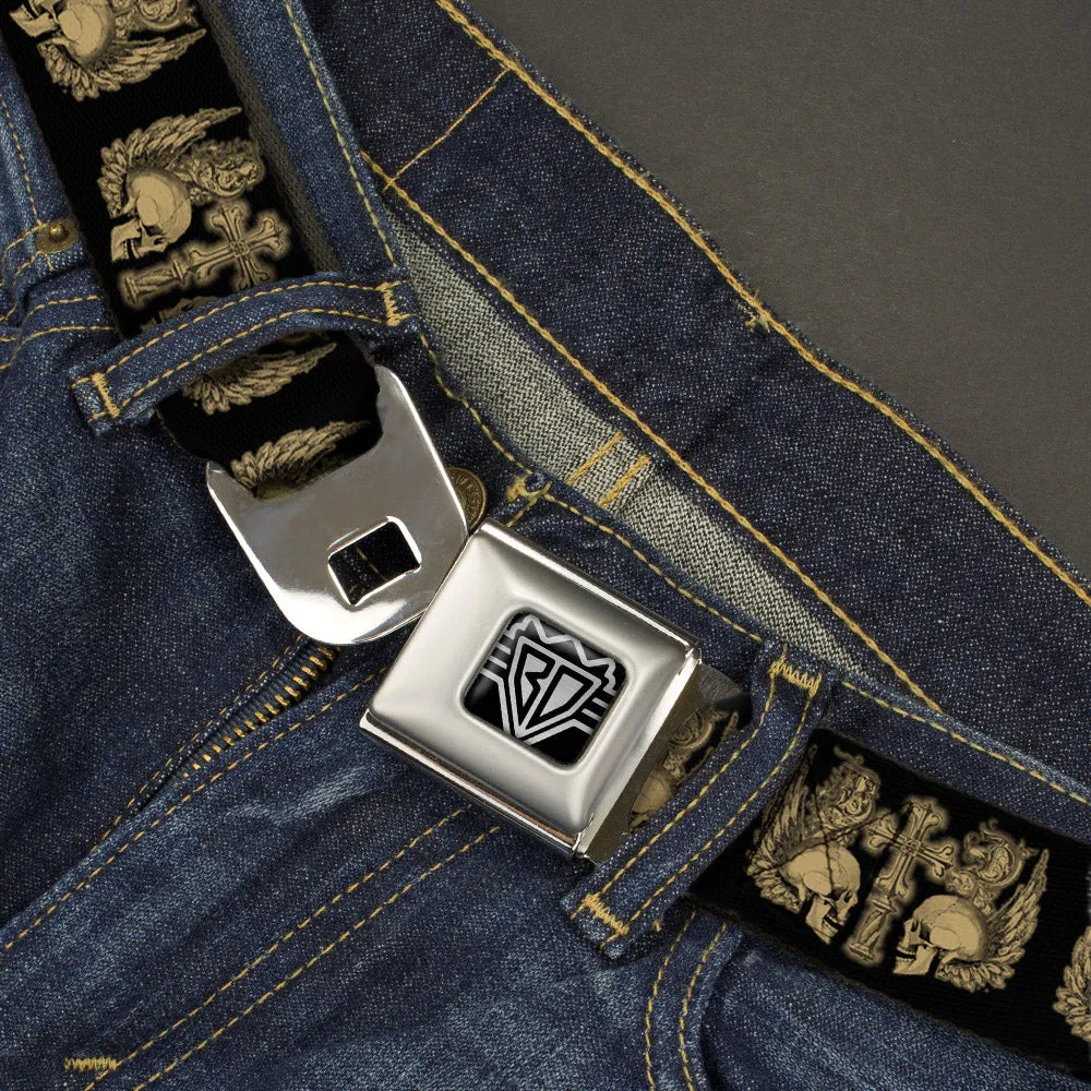 BD Wings Logo CLOSE-UP Full Color Black Silver Seatbelt Belt - BD Skulls w/Wings Black/Tan Webbing