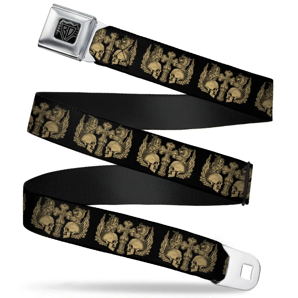 BD Wings Logo CLOSE-UP Full Color Black Silver Seatbelt Belt - BD Skulls w/Wings Black/Tan Webbing