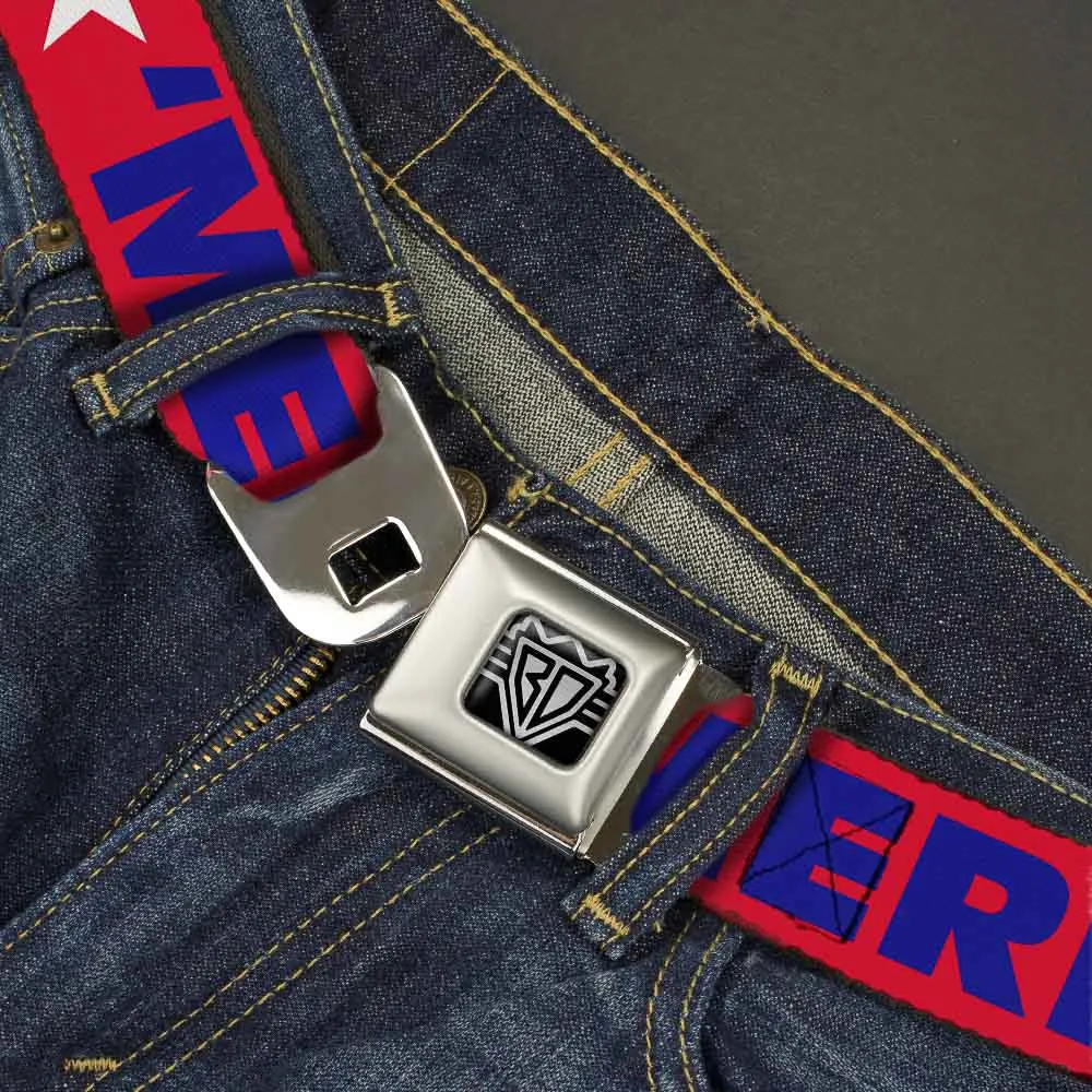 BD Wings Logo CLOSE-UP Full Color Black Silver Seatbelt Belt - 'MERICA/Star Red/Blue/White Webbing