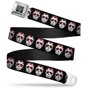 BD Wings Logo CLOSE-UP Full Color Black Silver Seatbelt Belt - Sugar Skulls Black/White/Red Webbing by Buckle-Down