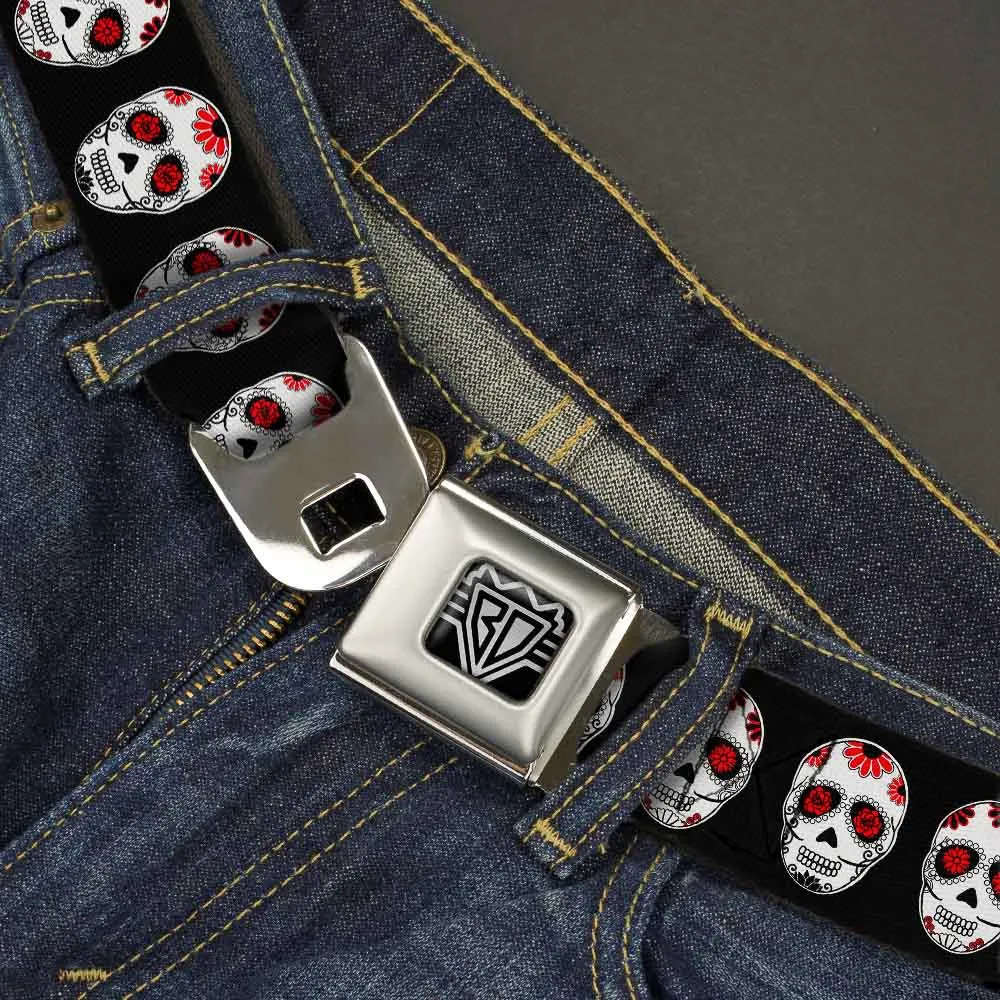 BD Wings Logo CLOSE-UP Full Color Black Silver Seatbelt Belt - Sugar Skulls Black/White/Red Webbing by Buckle-Down