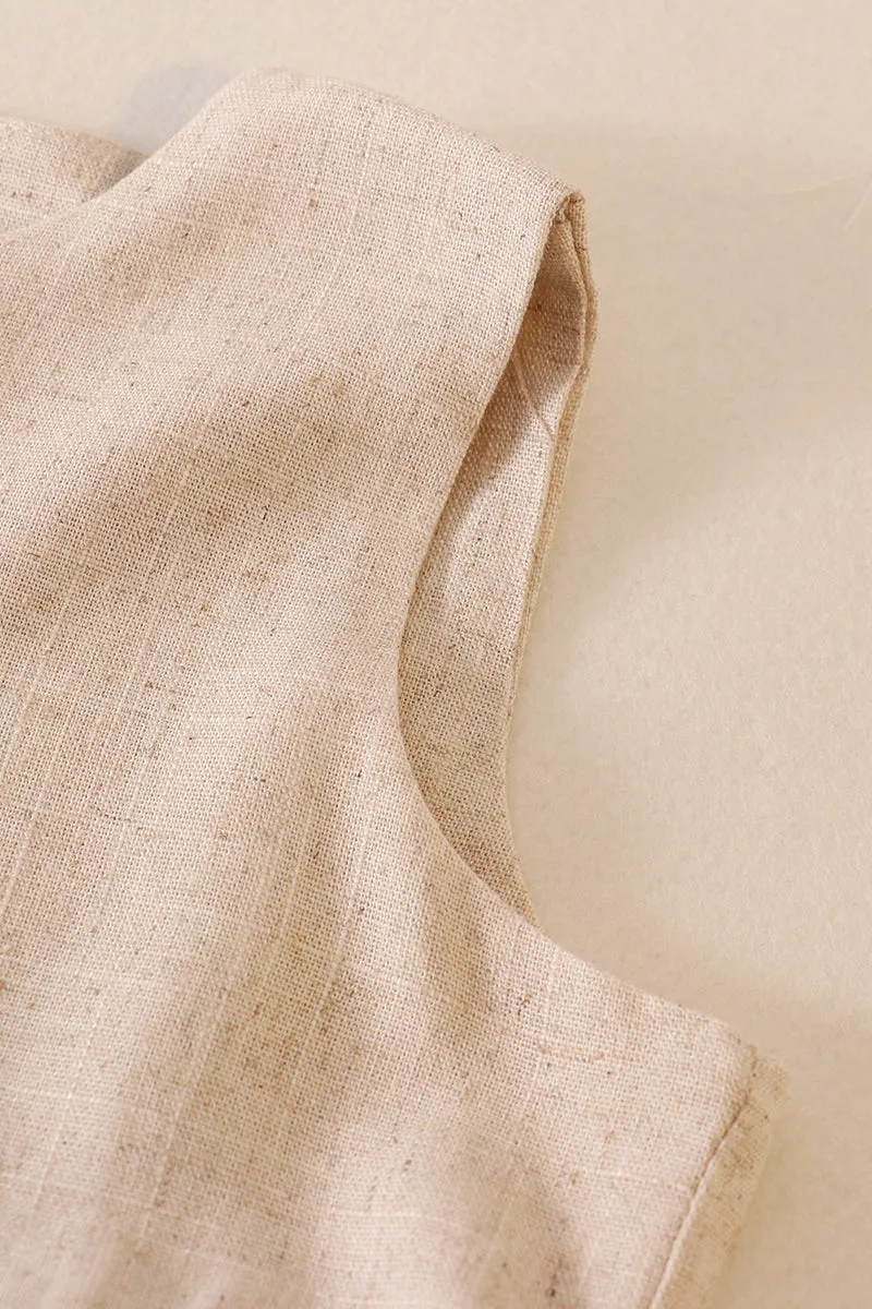 Beige ruffle button linen dress