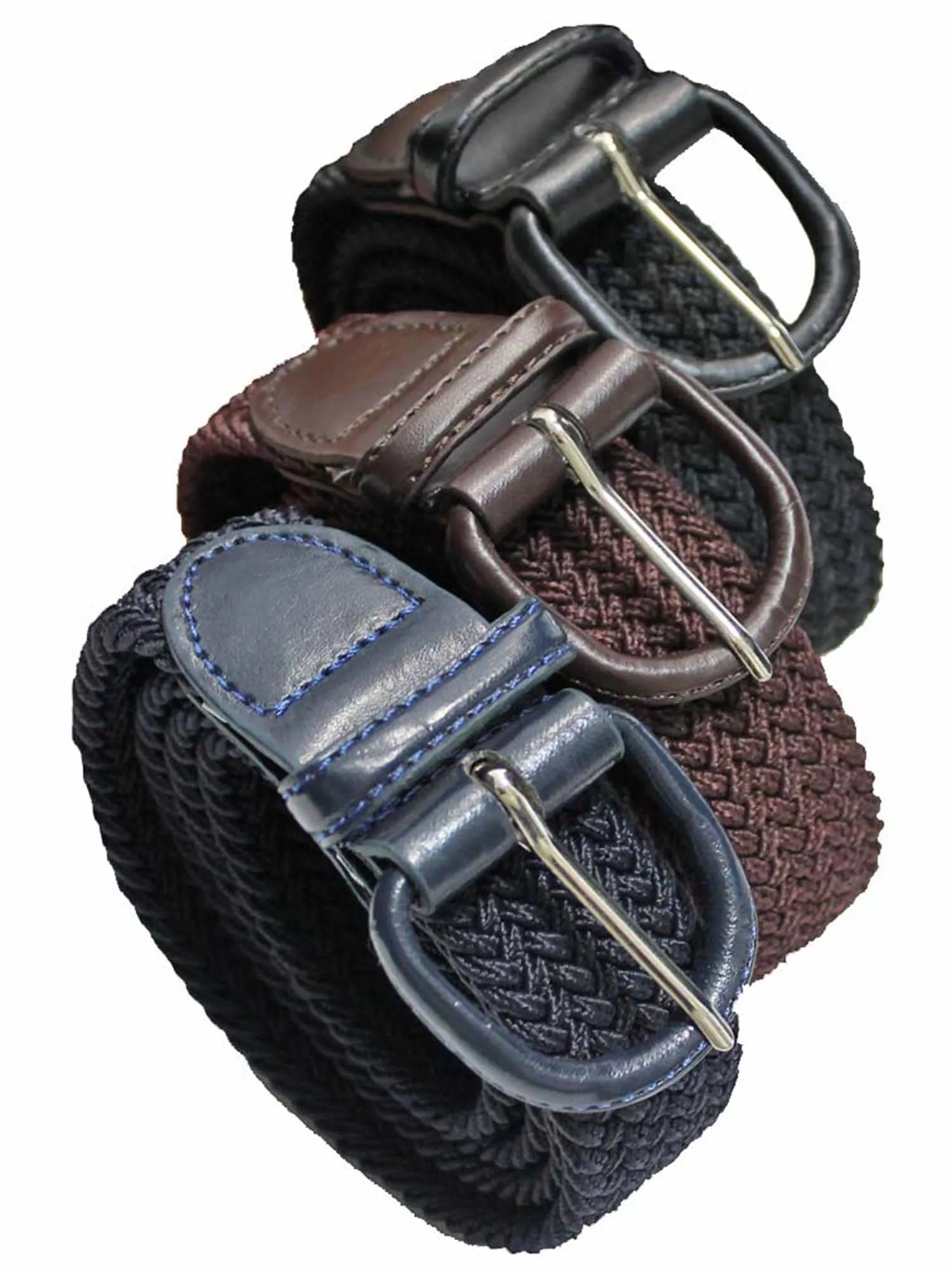 Black Navy Blue Brown 3 Pack Braided Elastic Belts