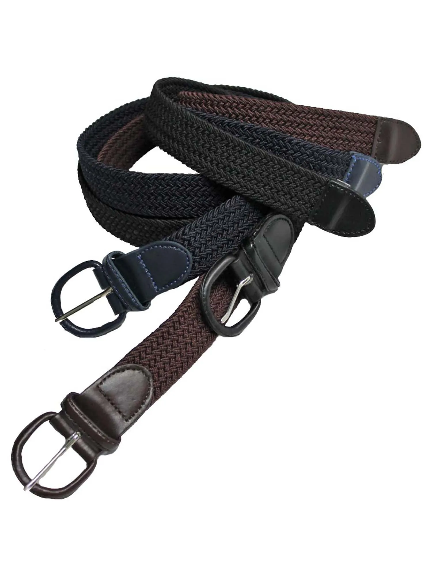 Black Navy Blue Brown 3 Pack Braided Elastic Belts