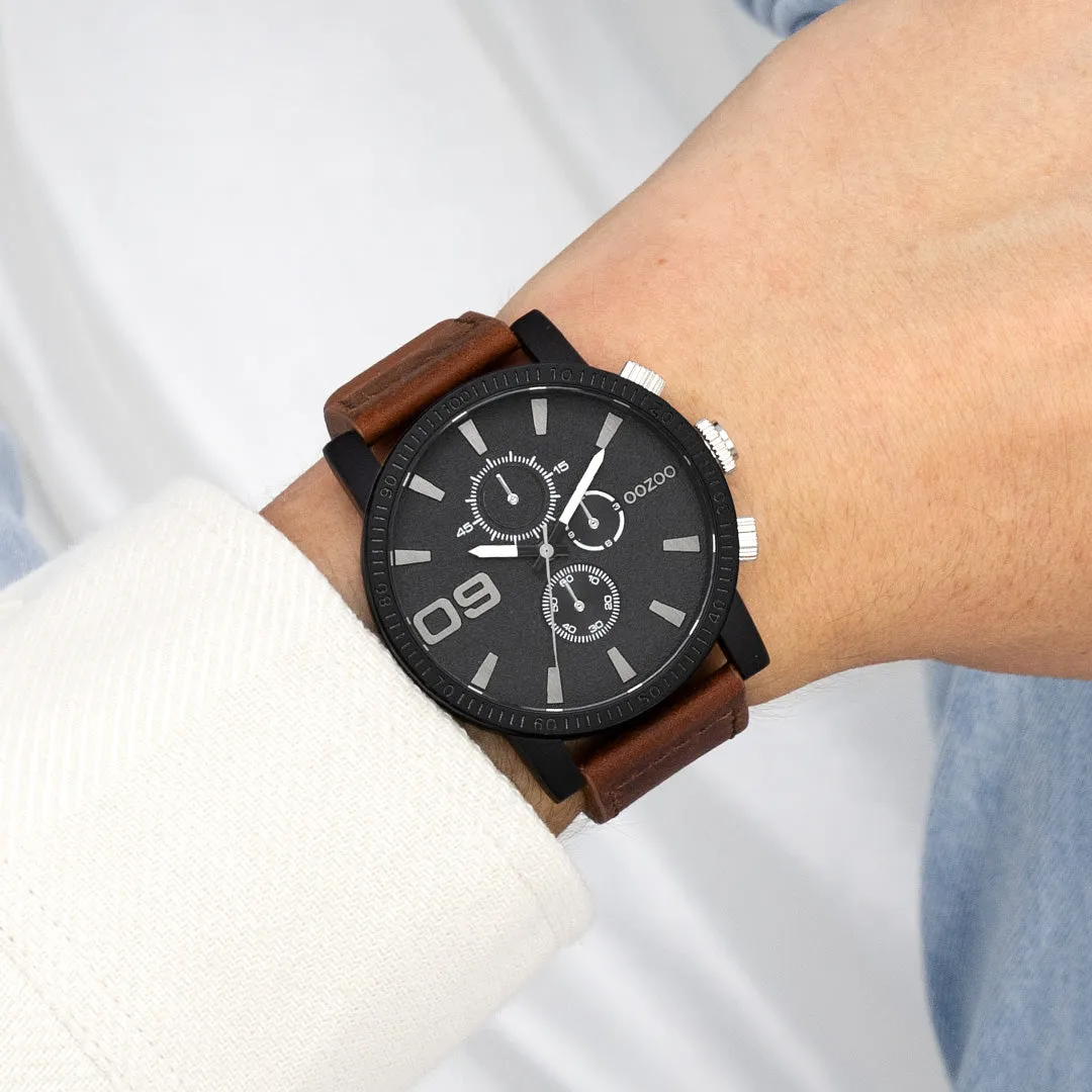 Black OOZOO watch with brown leather strap - C11211