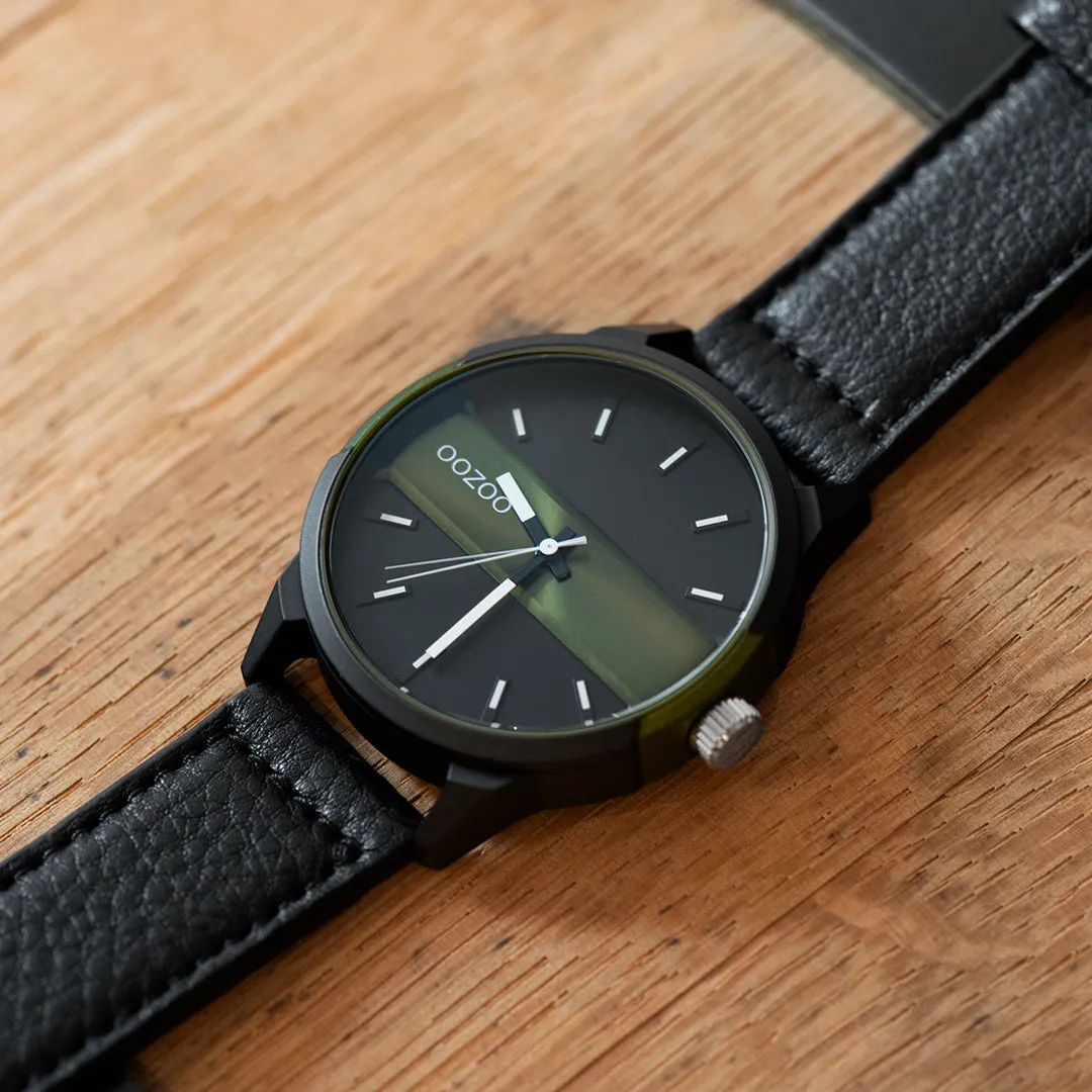 Black/dark green OOZOO watch with black leather strap - C11002