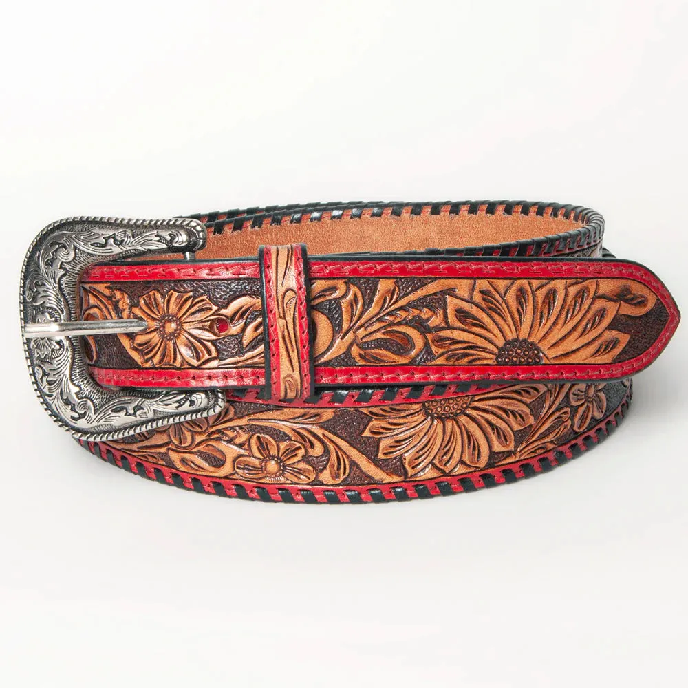 Brown, Red & Black Tooled Leather Belt- Western Belts for Cowgirls