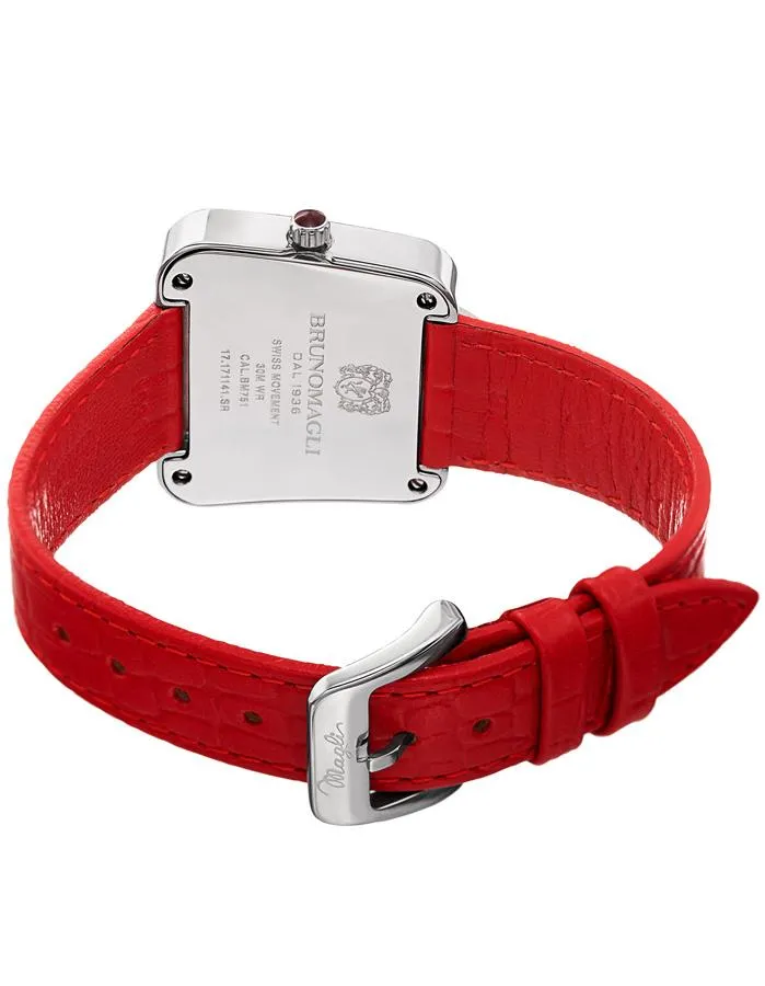 Bruno Magli Womens Emma Stainless Steel Signature - Embossed Leather Strap - Red