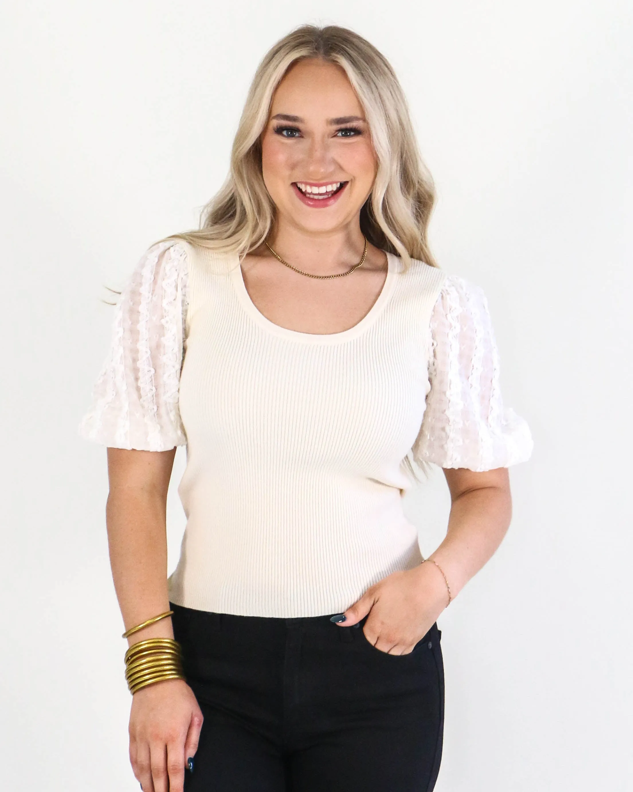 Cream Puff Sleeve Embellished Top