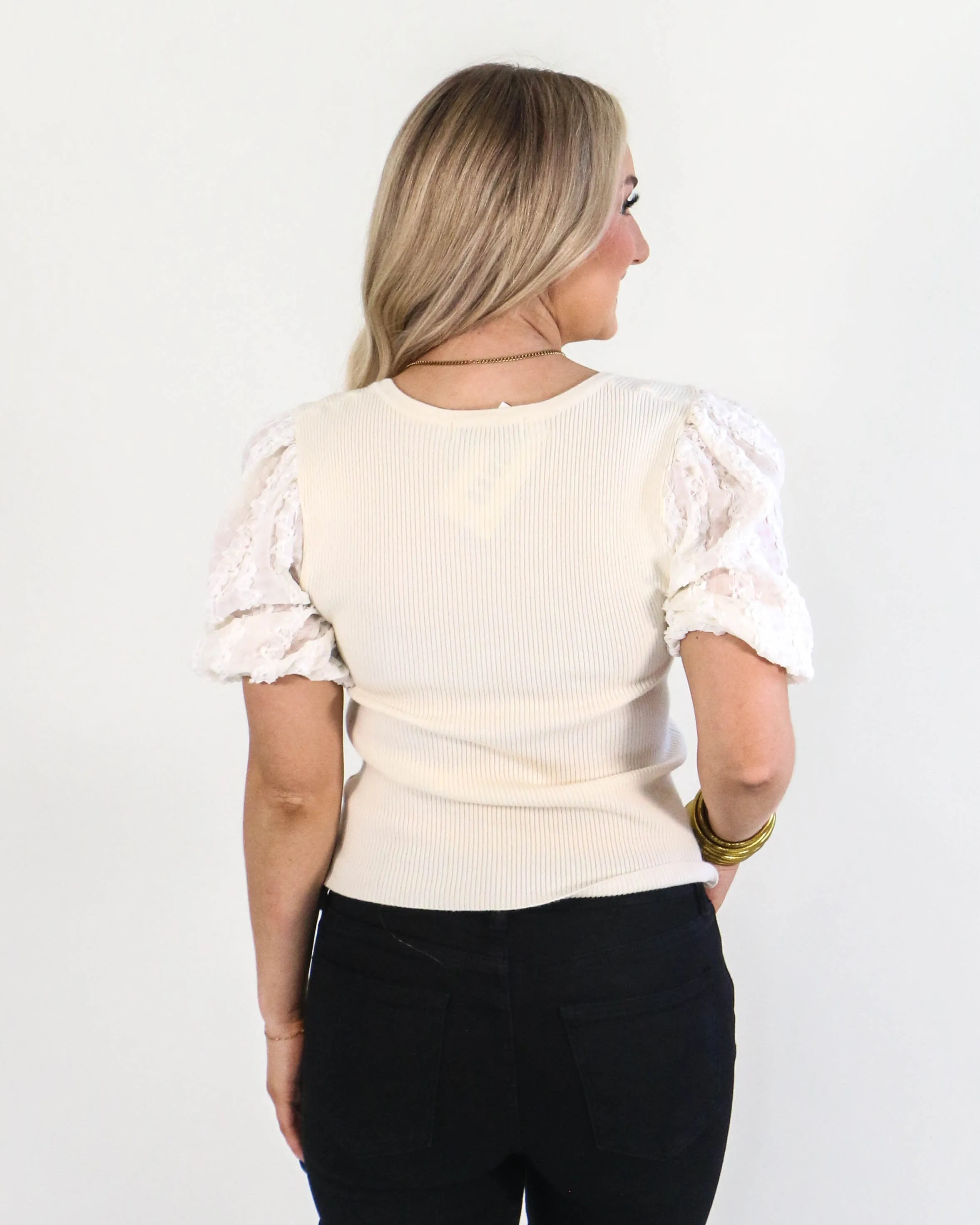 Cream Puff Sleeve Embellished Top