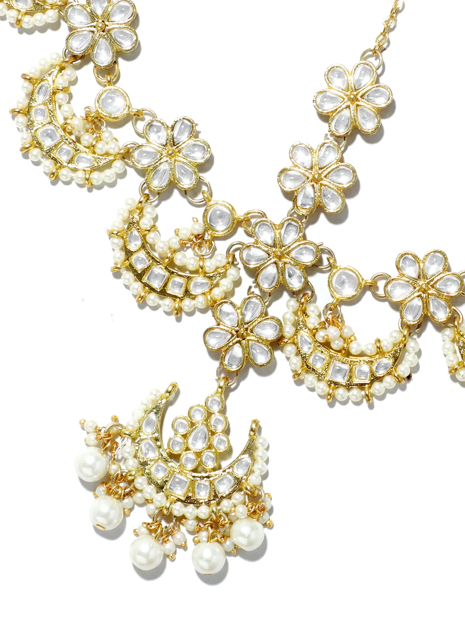 Crescent Shaped Kundan Tassel Mathapatti with Pearl Beads