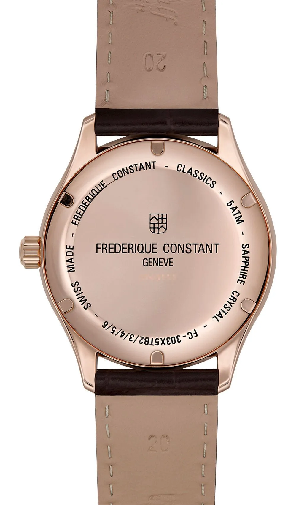 Frederique Constant Classics Automatic Rose Gold PVD Silver Dial Brown Leather Strap Date Mens Watch FC-303MC5B4