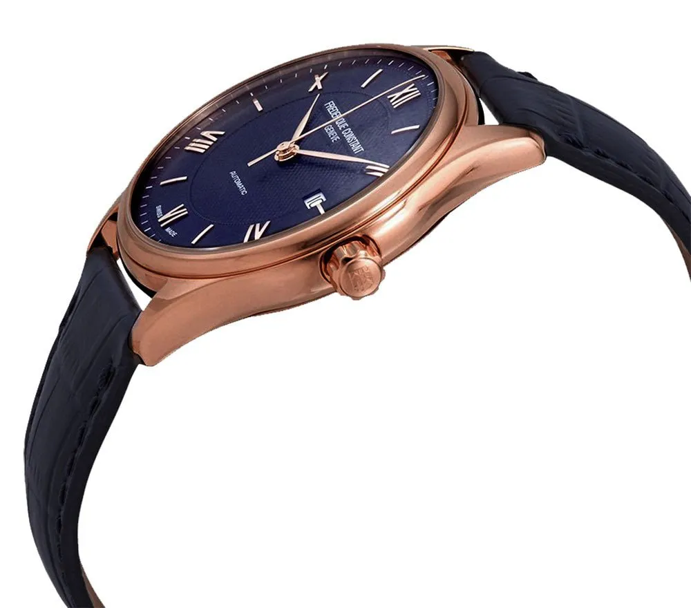 Frederique Constant Classics Index Automatic Rose Gold Tone Steel Blue Dial Date Blue Leather Strap Mens Watch FC-303MN5B4