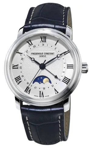 Frederique Constant Classics Moonphase Automatic Stainless Steel Silver-Tone Dial Blue Leather Strap Date Mens Watch FC-330MC4P6