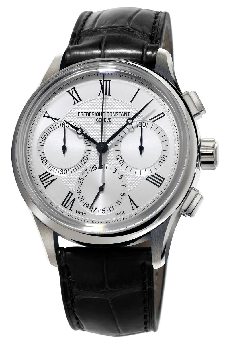 Frederique Constant Flyback Chronograph Manufacture Silver Dial Black Leather Strap Automatic Mens Watch FC-760MC4H6