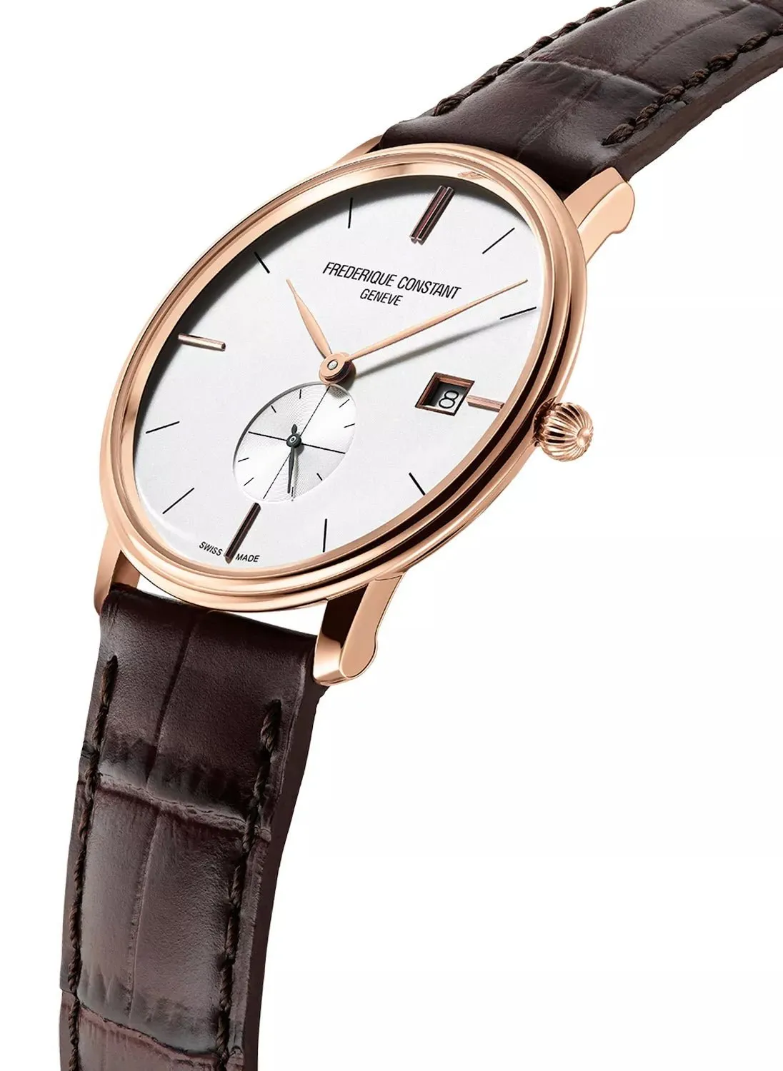 Frederique Constant Slimline Small Seconds Rose Gold PVD Silver Dial Brown Leather Strap Date Quartz Mens Watch FC-245V5S4