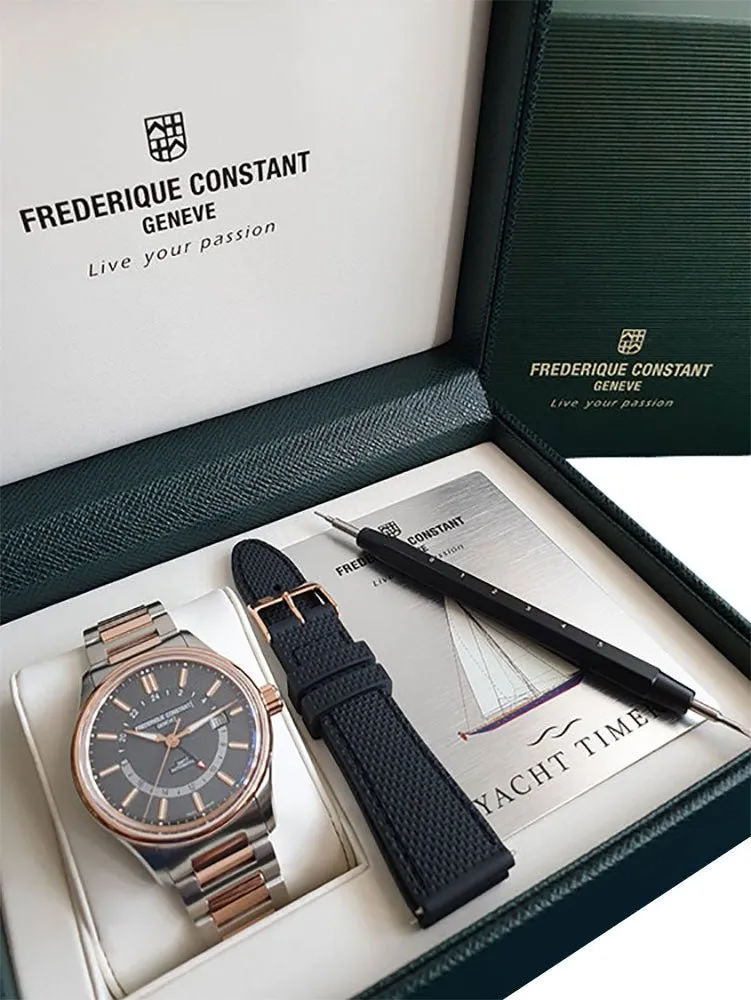 Frederique Constant Yacht Timer GMT Automatic Two Tone Stainless Steel Gray Dial Mens Watch FC-350GT4H2B