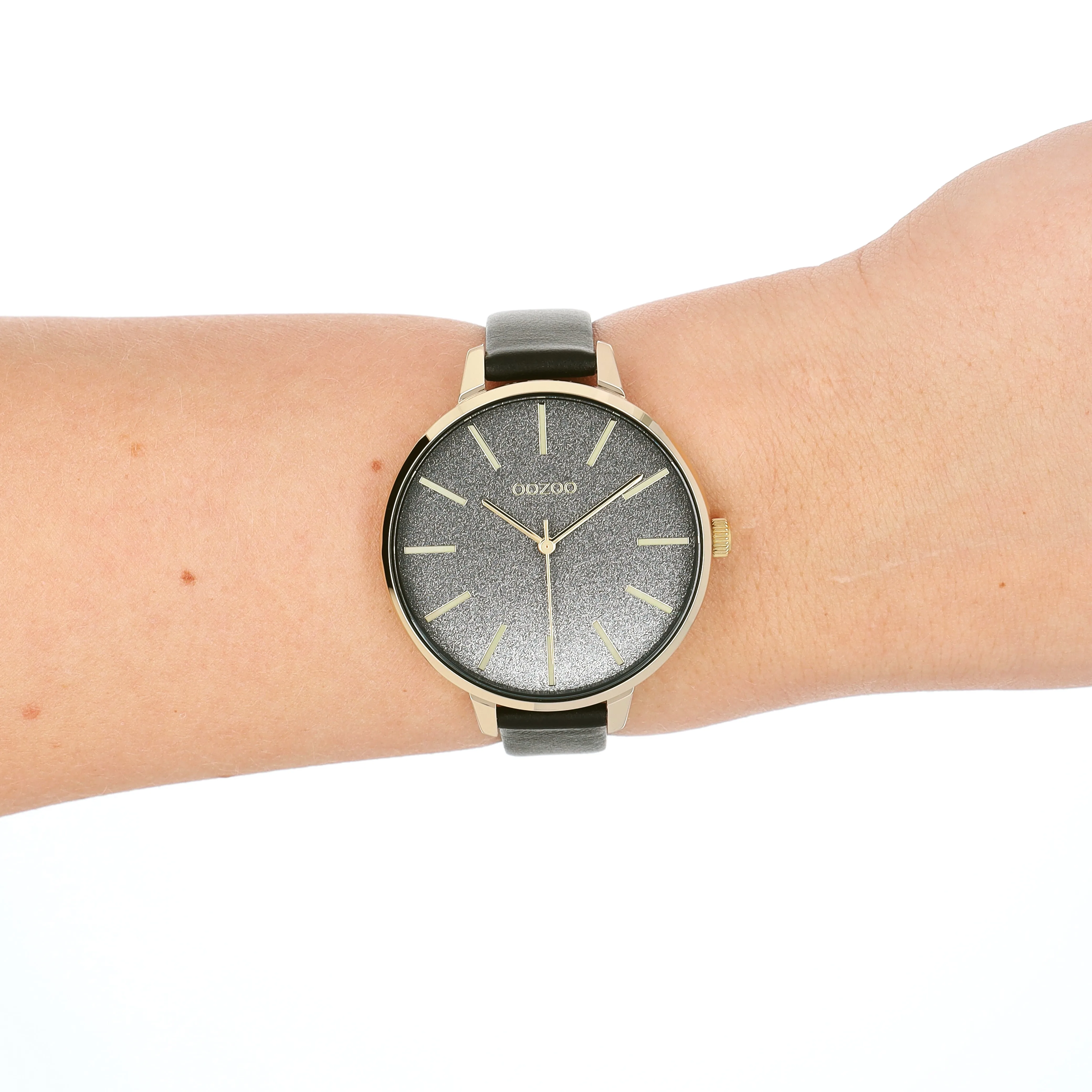 Gold coloured OOZOO watch with black leather strap - C11034