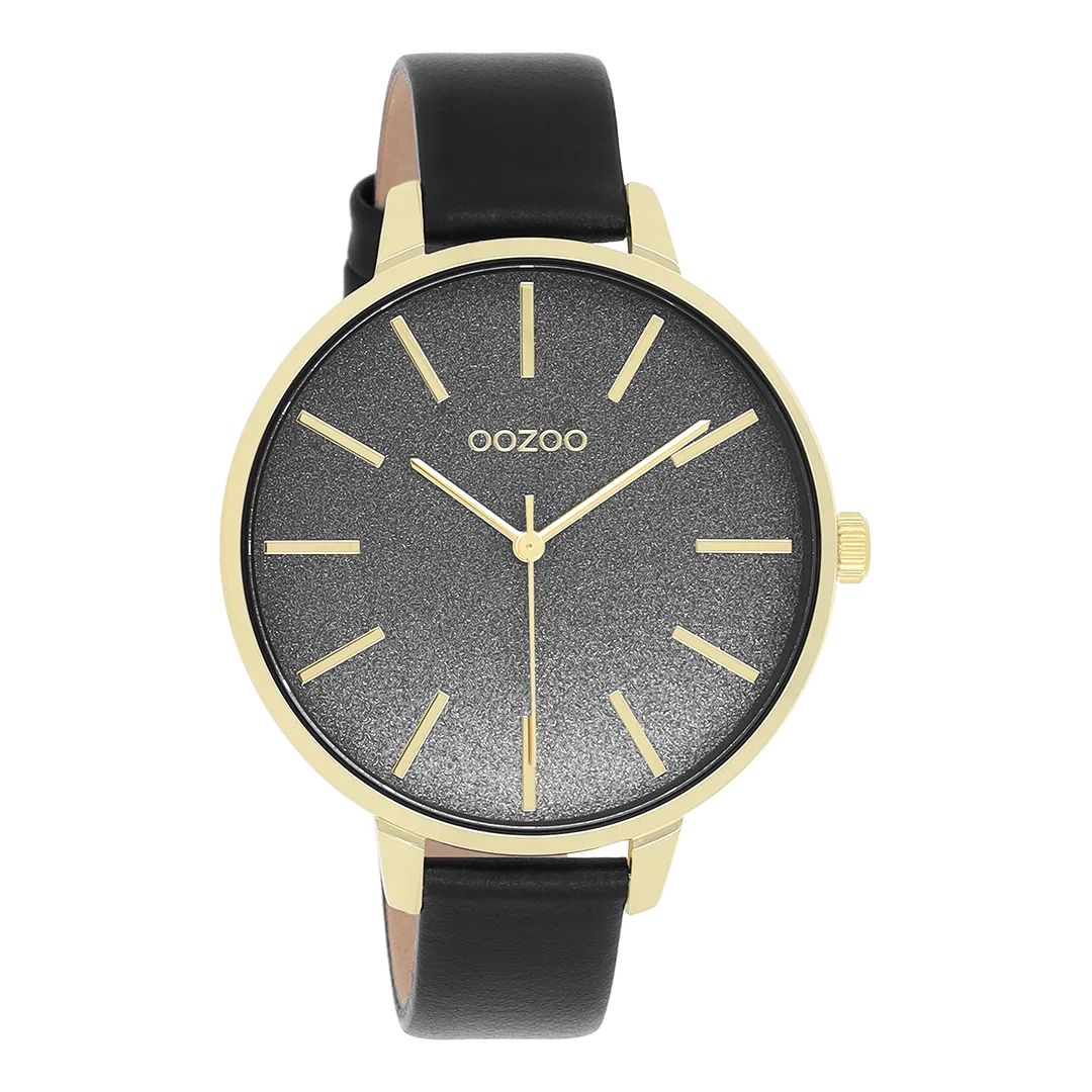 Gold coloured OOZOO watch with black leather strap - C11034