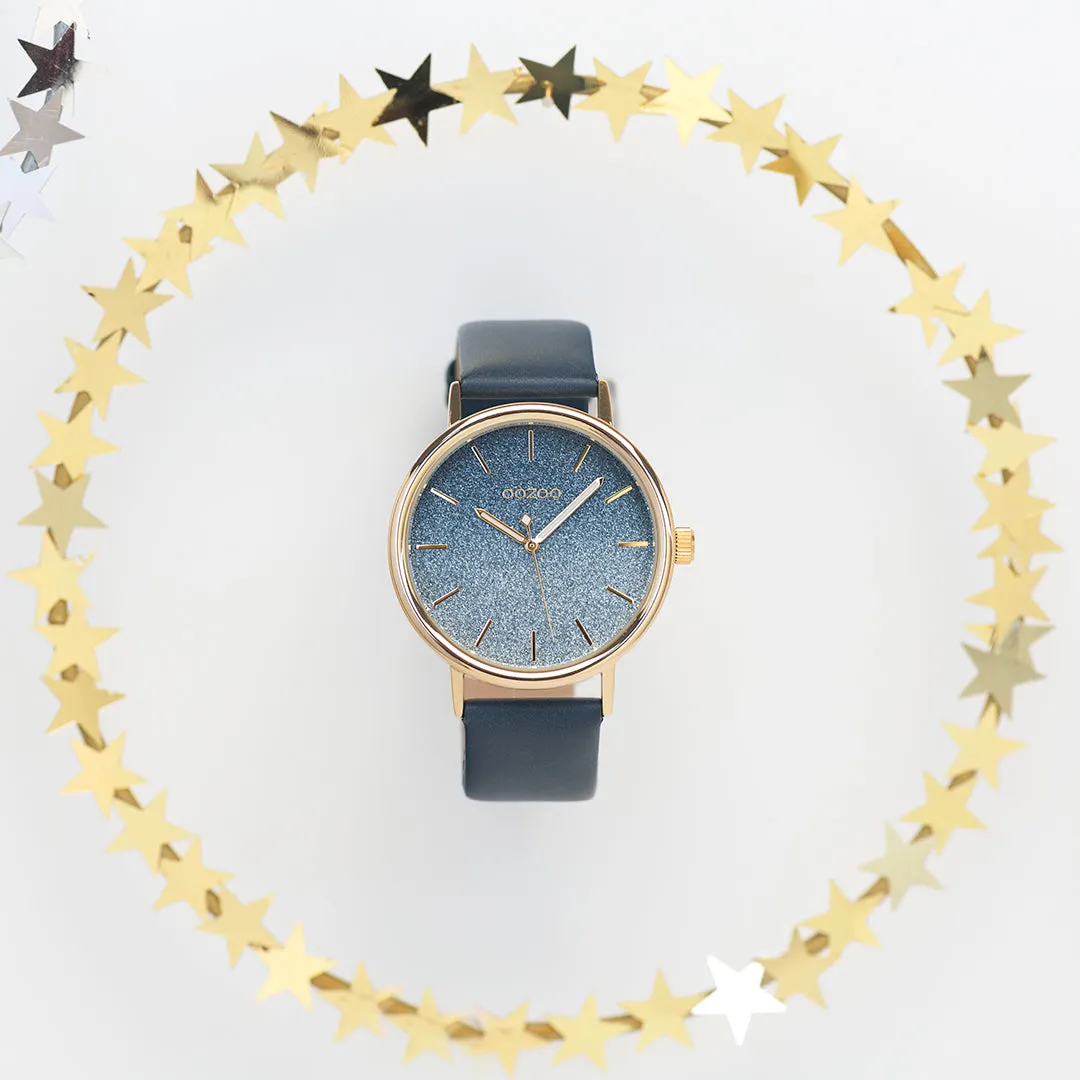 Gold coloured OOZOO watch with blue leather strap - C10938