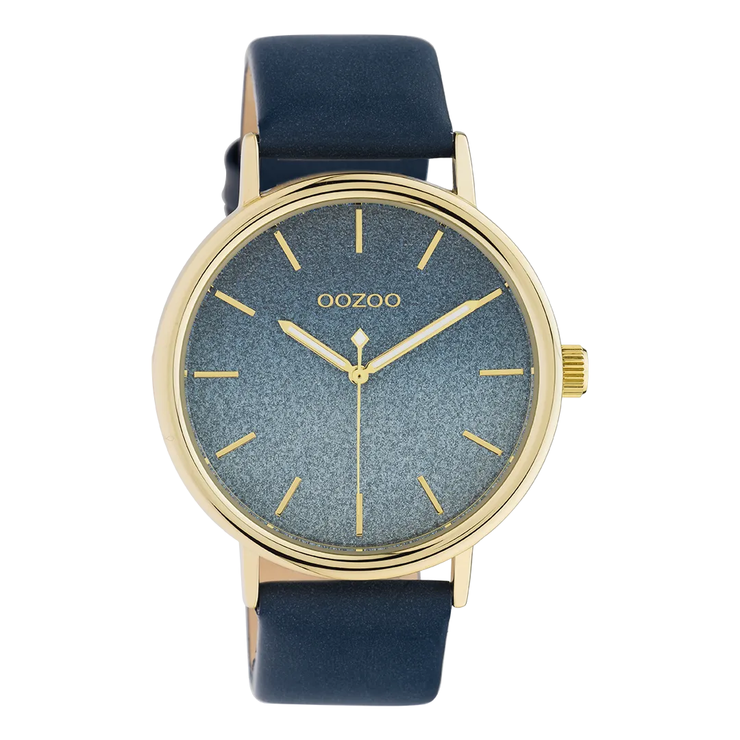 Gold coloured OOZOO watch with blue leather strap - C10938