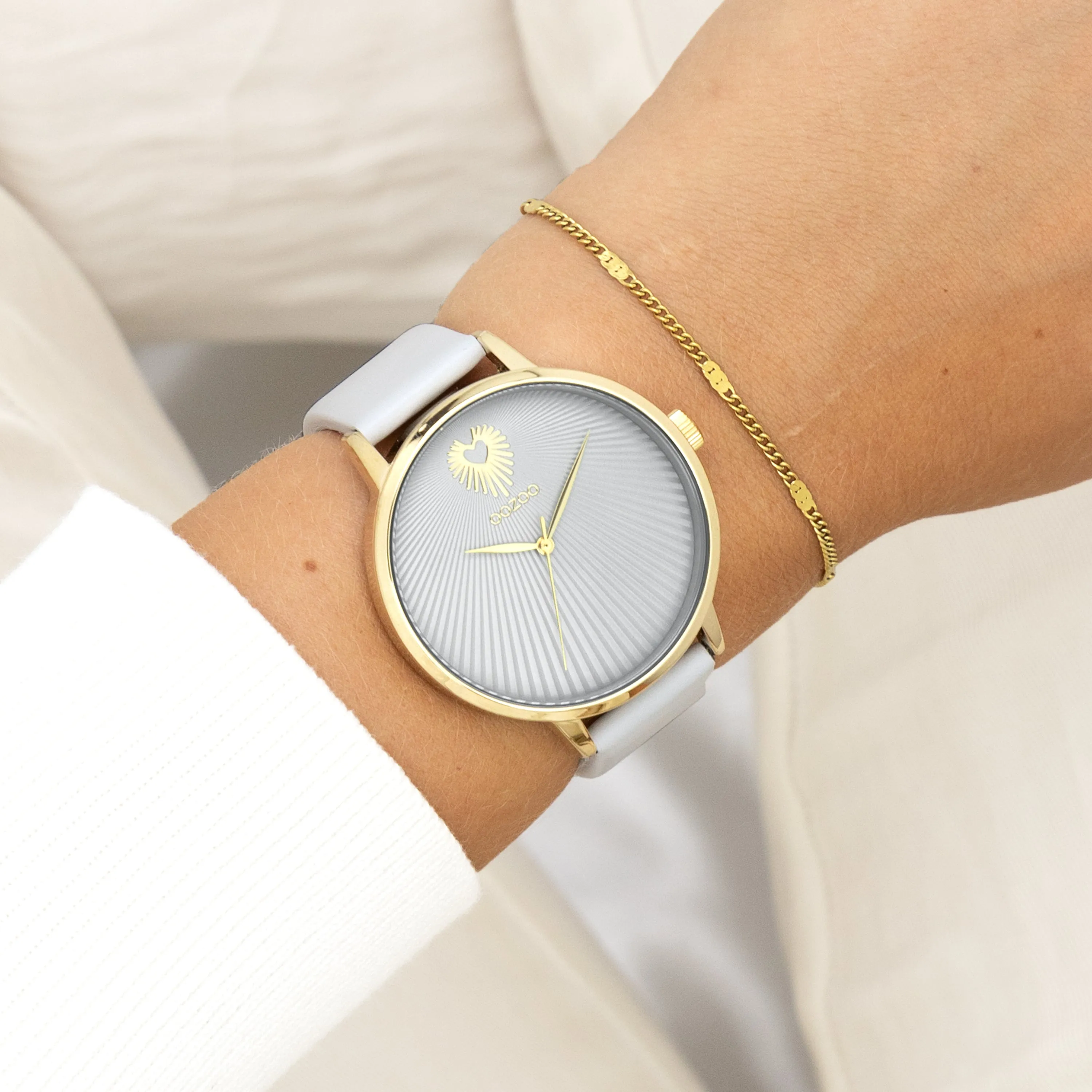 Gold coloured OOZOO watch with light grey leather strap - C11240