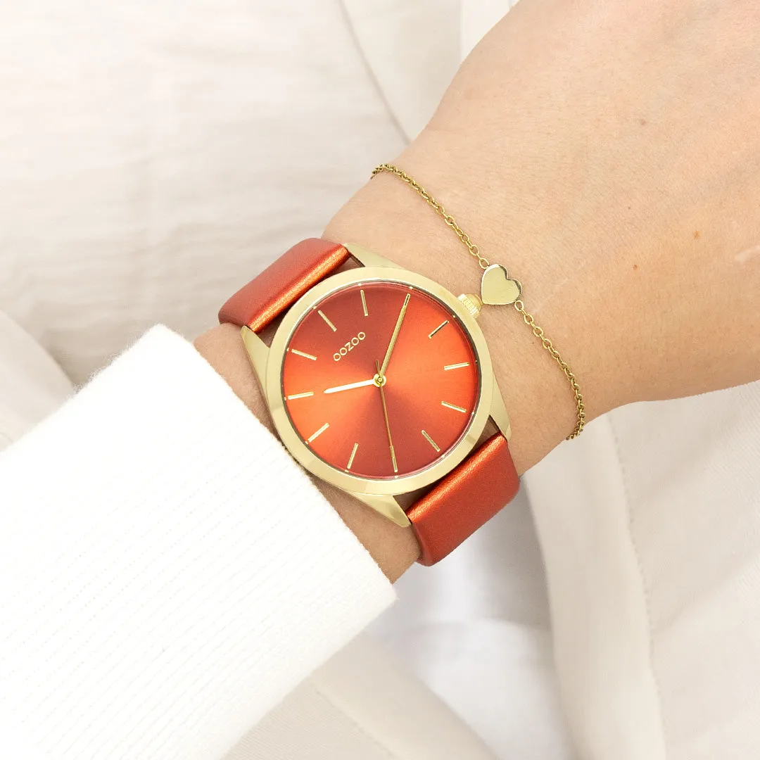 Gold coloured OOZOO watch with red leather strap - C11335