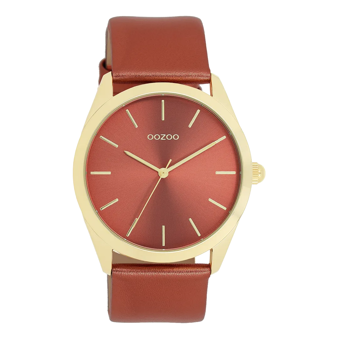 Gold coloured OOZOO watch with red leather strap - C11335