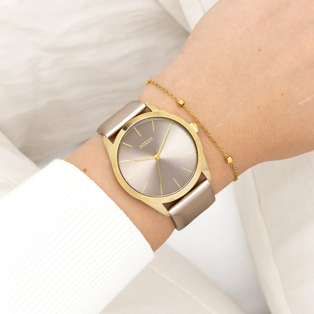 Gold coloured OOZOO watch with taupe leather strap - C11333