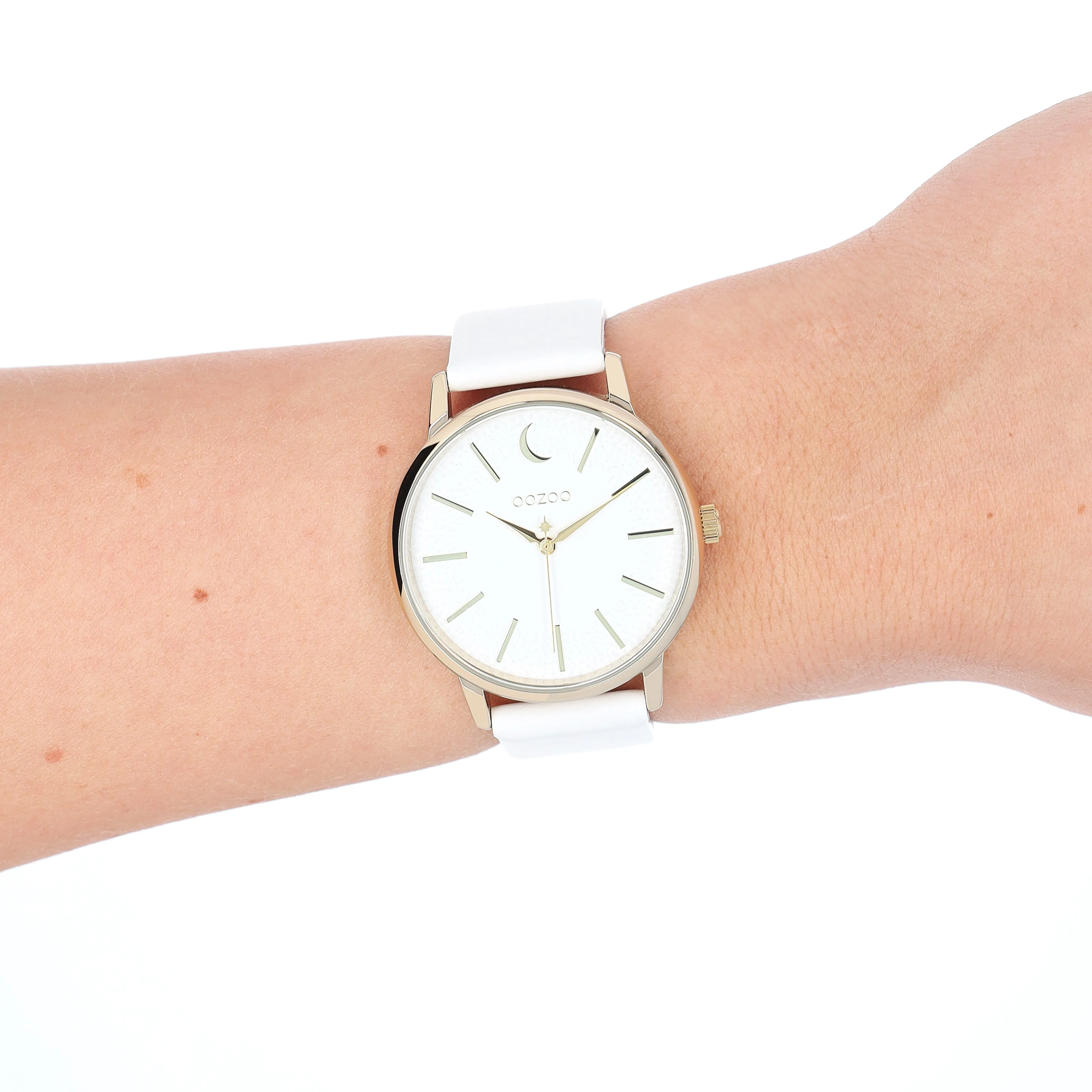 Gold coloured OOZOO watch with white leather strap - C11156