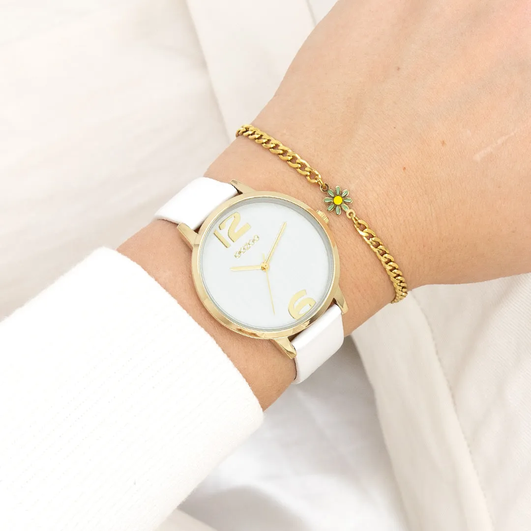 Gold coloured OOZOO watch with white leather strap - C11340