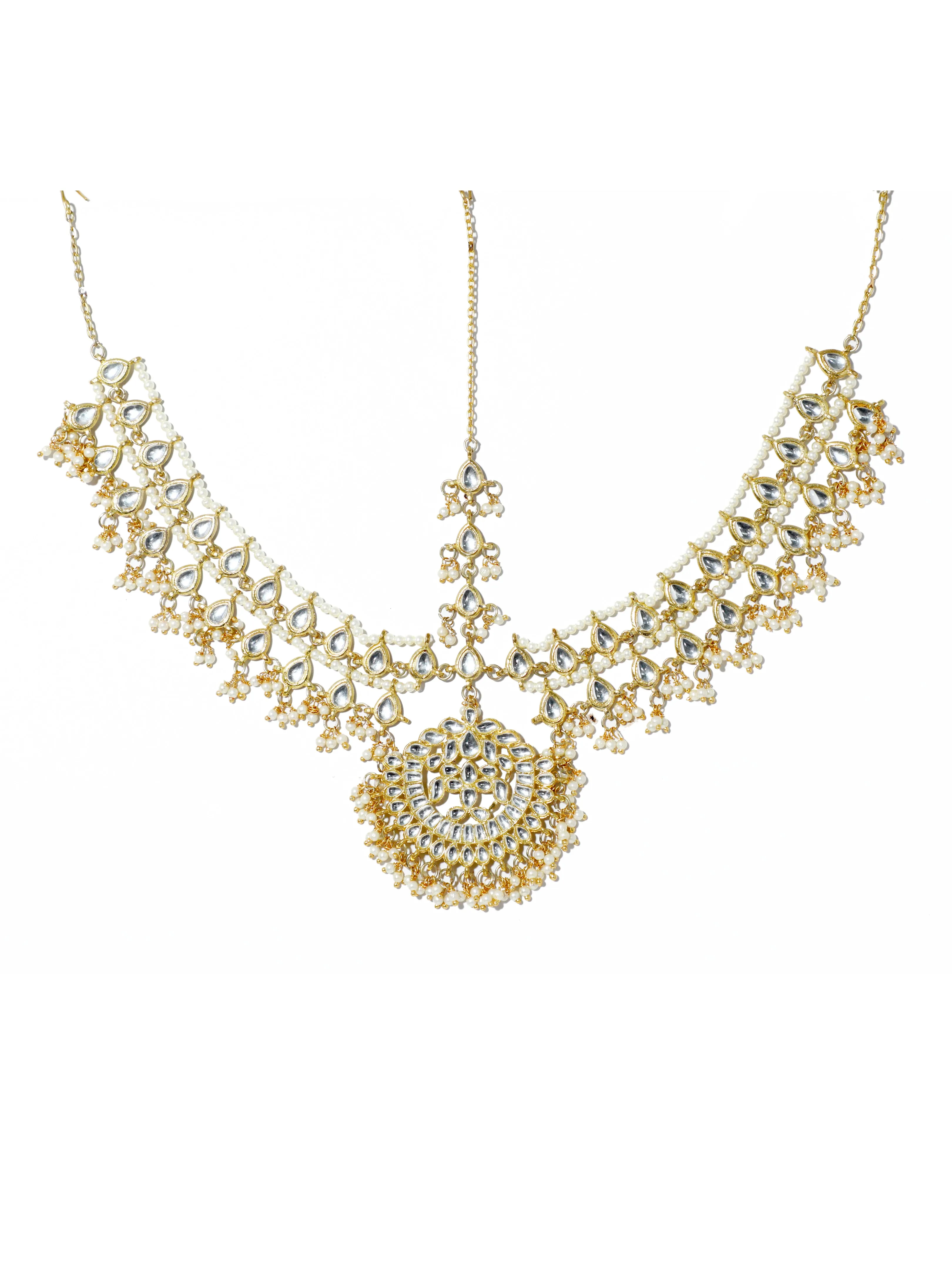 Gold-Tone Multilayered Kundan Mathapatti with Pearl Beads