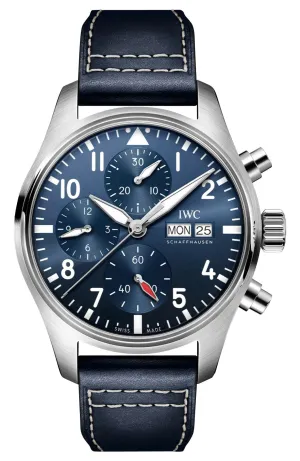 IWC Pilot's Automatic Chronograph Stainless Steel Blue Dial Blue Leather Strap Day/Date Mens Watch IW388101