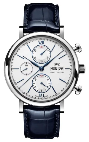 IWC Portofino Automatic Chronograph Stainless Steel Silver Dial Blue Leather Strap Day/Date Mens Watch IW391037