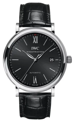 IWC Portofino Automatic Stainless Steel Black Dial Black Leather Strap Date Mens Watch IW356502