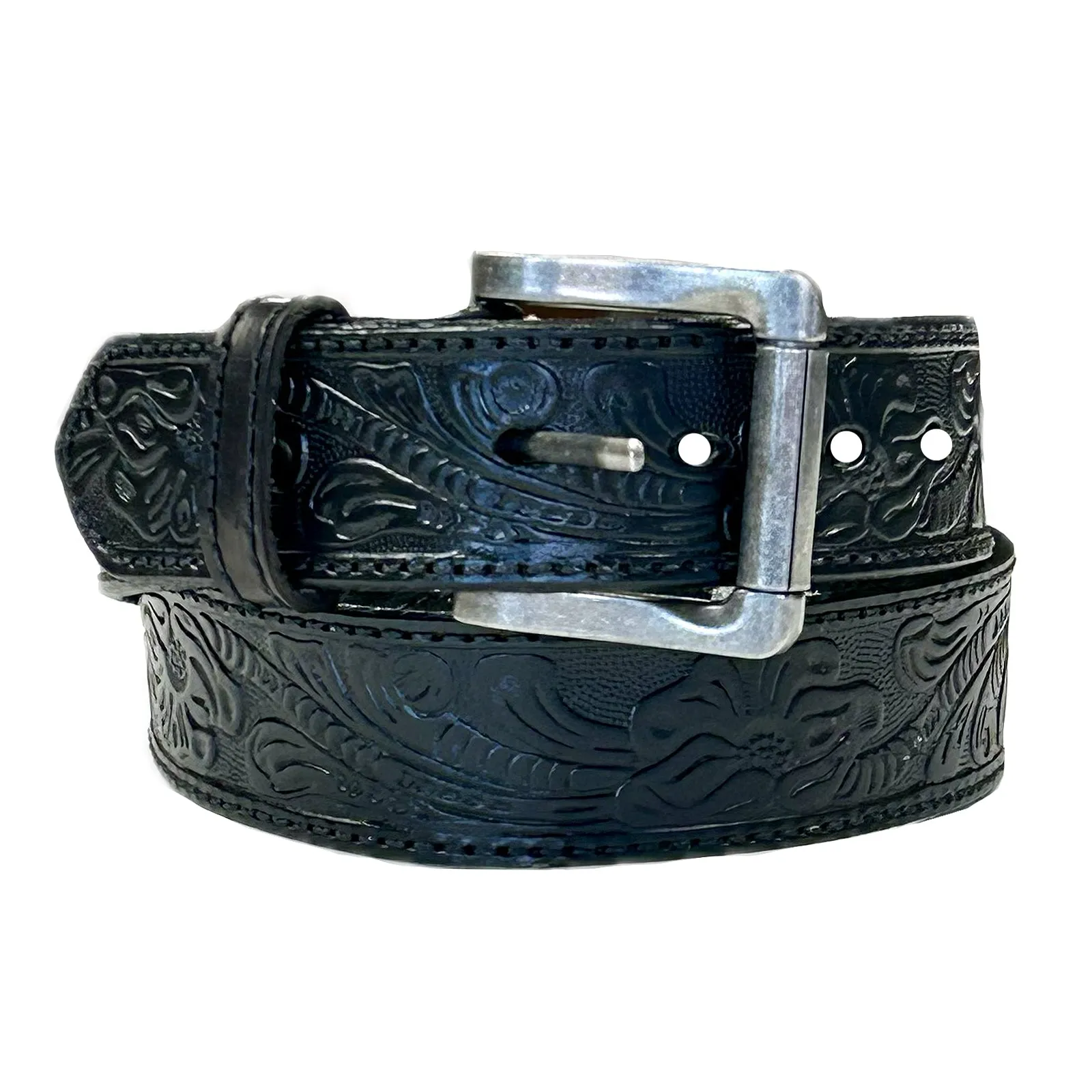 Leaf Tooling Trip Stitch Genuine Black Leather Western Belt