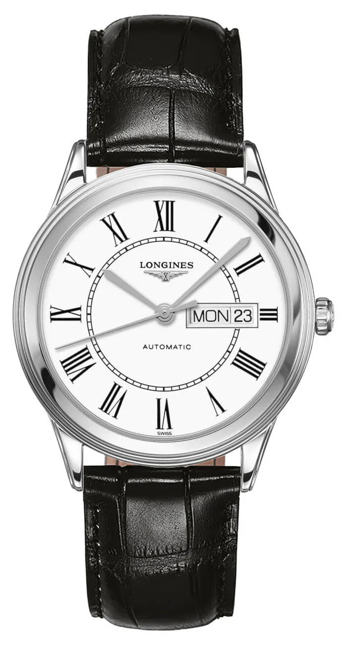 Longines Flagship Automatic Stainless Steel White Dial Black Leather Strap Day/Date Mens Watch L4.899.4.21.2